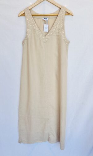 VESTIDO DE LINO BEIGE + STRASS DKNY (M)