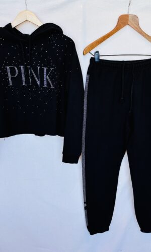 CONJUNTO BUZO + JOGGER NEGRO+STRASS PINK (M)